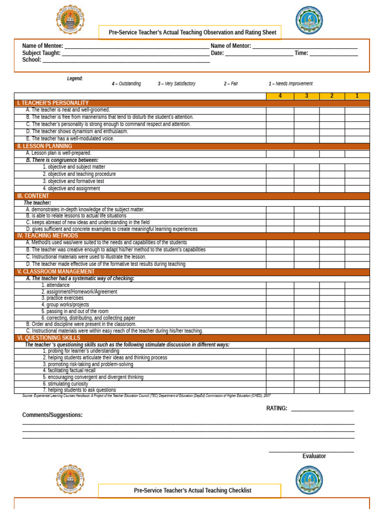 Teacher Observation Rating Sheet | PDF | Teachers | Mentorship