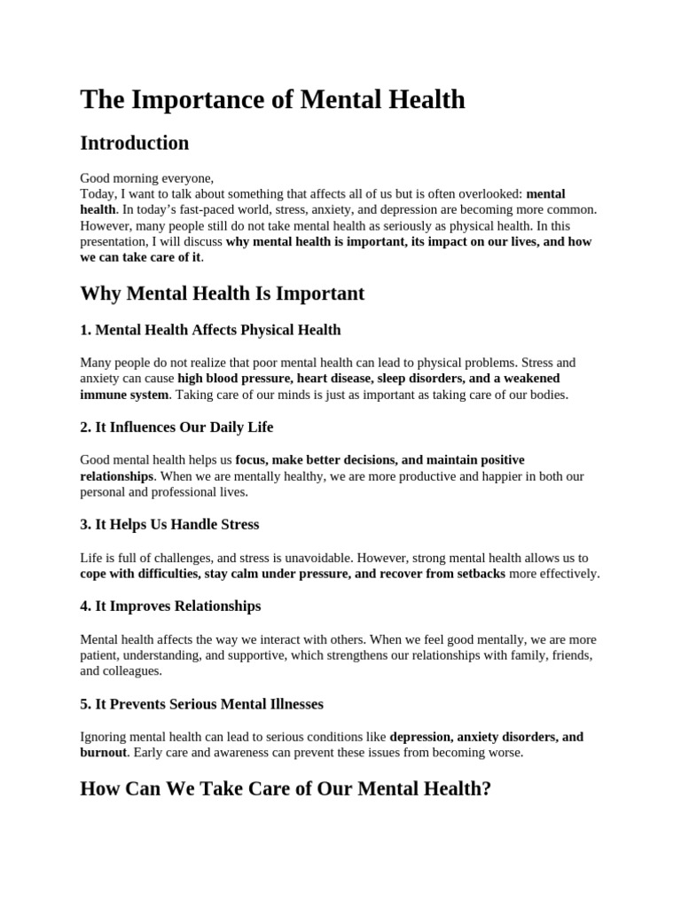 The Importance of Mental Health | PDF | Mental Health | Stress (Biology)