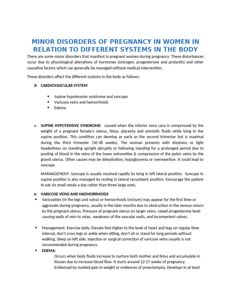 Minor Disorders of Pregnancy in Women in Relation To Different Systems ...