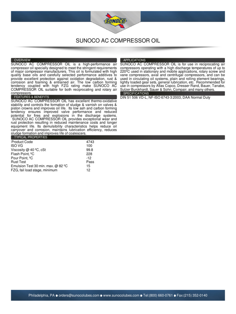 Sunoco AC Compressor Oil | PDF | Gas Technologies | Industrial Processes