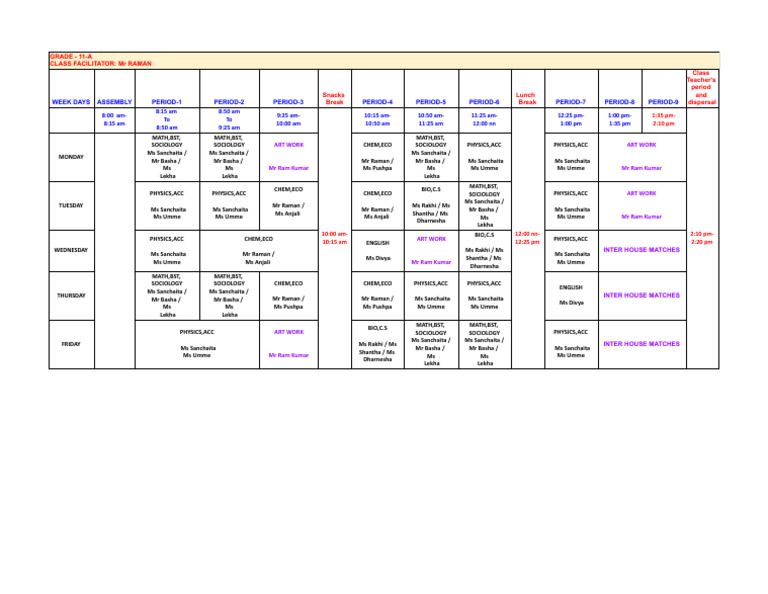 Grade 11-A Weekly Class Schedule | PDF