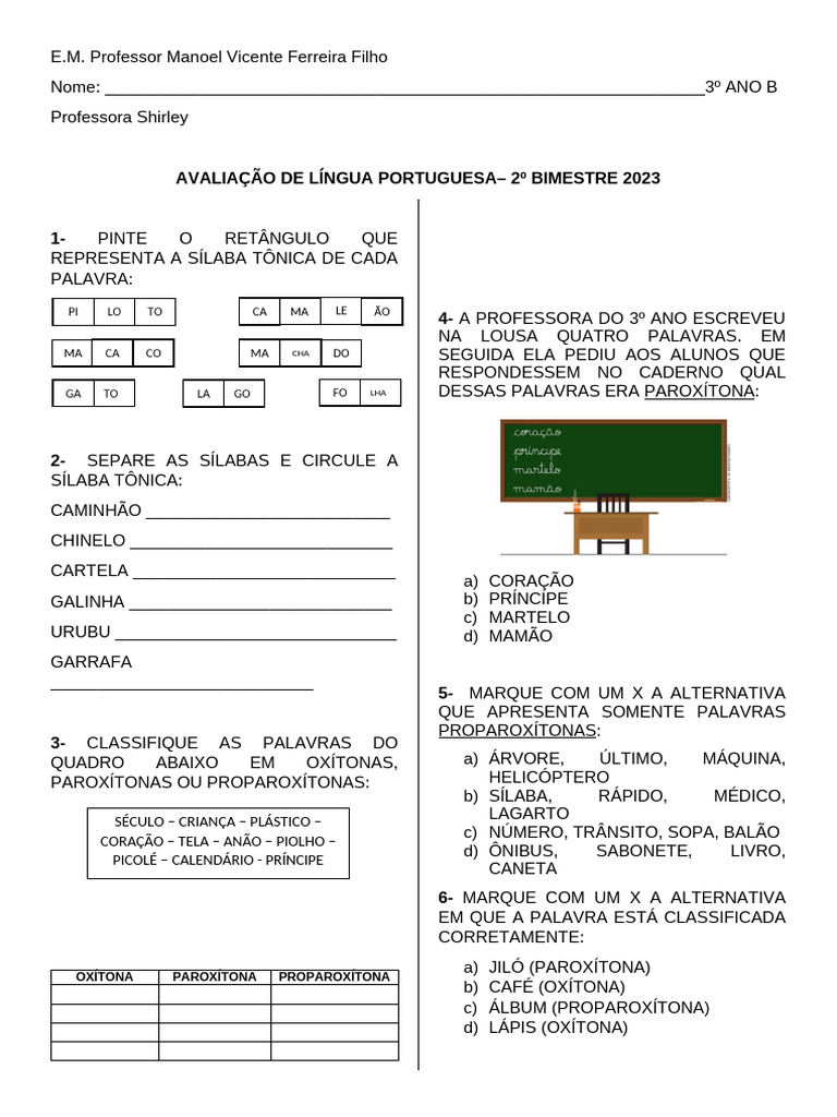 Avaliação de Língua Portuguesa 3º Ano | PDF | Sílaba