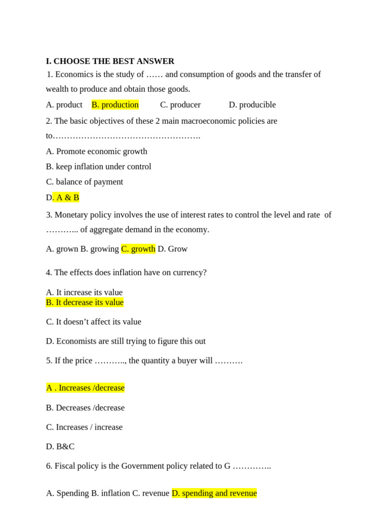 Economics and Taxation Basics Quiz | PDF | Taxes | Inflation