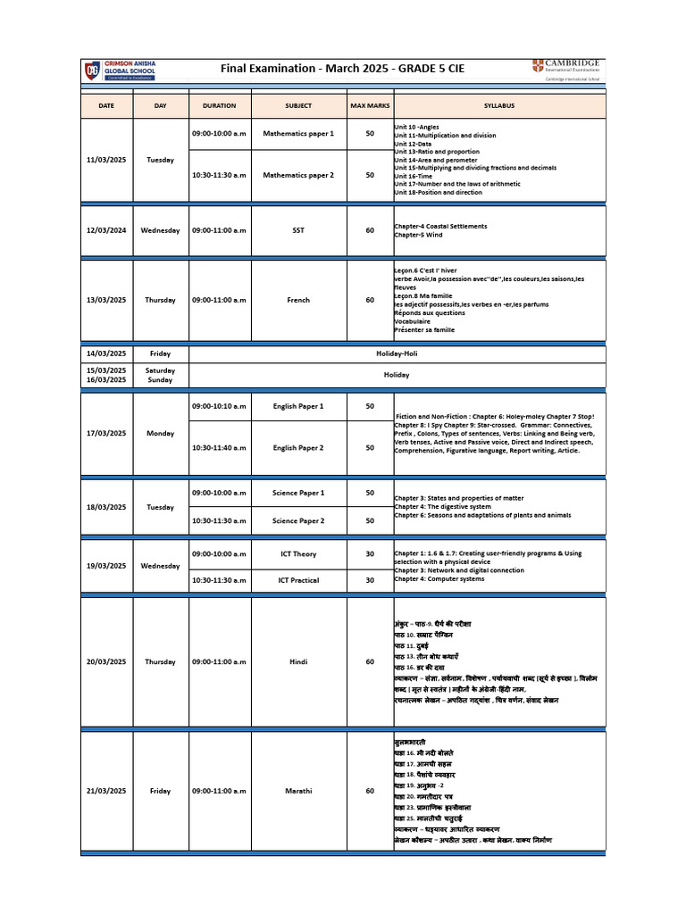 CIE G5 Final Exams TT & Syllabus | PDF