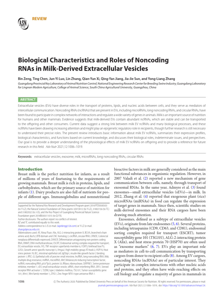 Milk-Derived EVs and Noncoding RNAs | PDF | Micro Rna | Rna