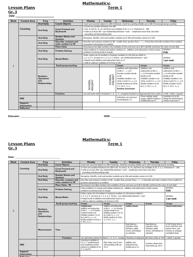 Gr. 3 Term 1 Mathematics Lesson Plans | PDF