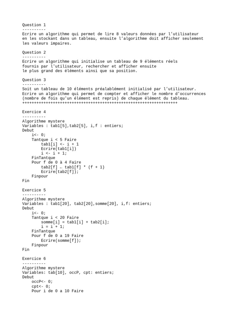 Algorithmes de traitement de tableaux et matrices | PDF
