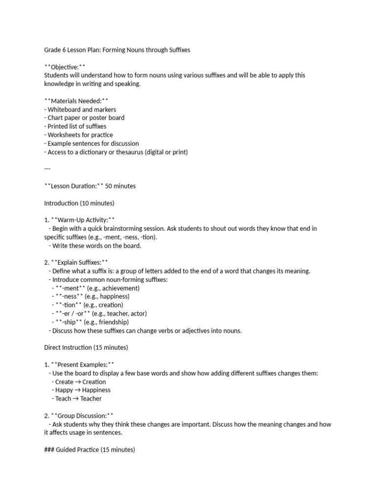 Noun Formation with Suffixes Lesson Plan | PDF | Word | Lesson Plan