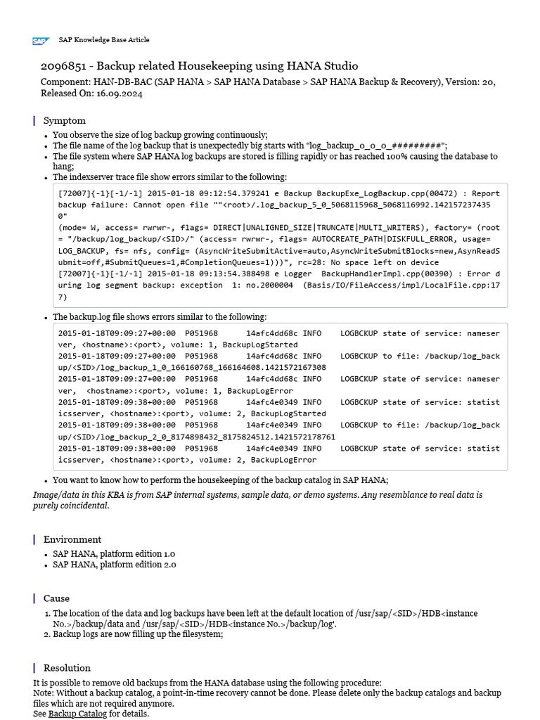 Housekeeping for SAP HANA Backups | PDF | Backup | System Software