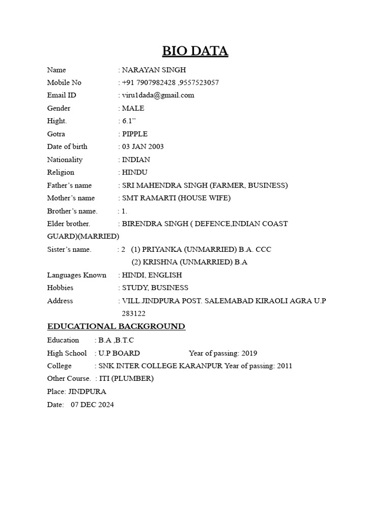 Narayan Singh Bio Data Summary | PDF