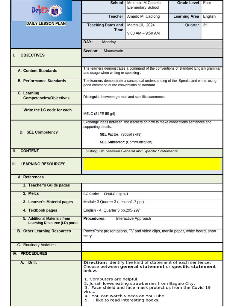 Cadong COT 3 Lesson Plan English Q3 | PDF | Learning | Human Communication