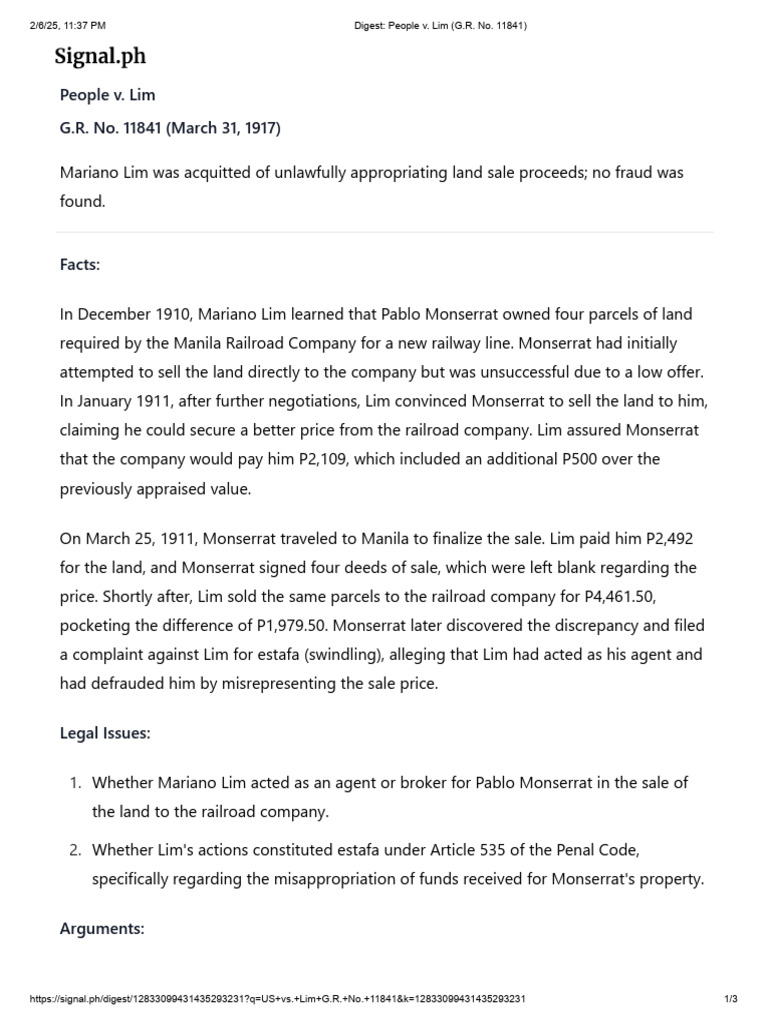 Estafa Case: People v. Lim Summary | PDF | Fraud | Misrepresentation