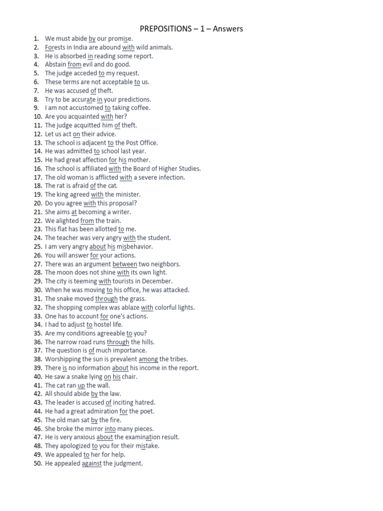 Prepositions Answer Key and Examples | PDF