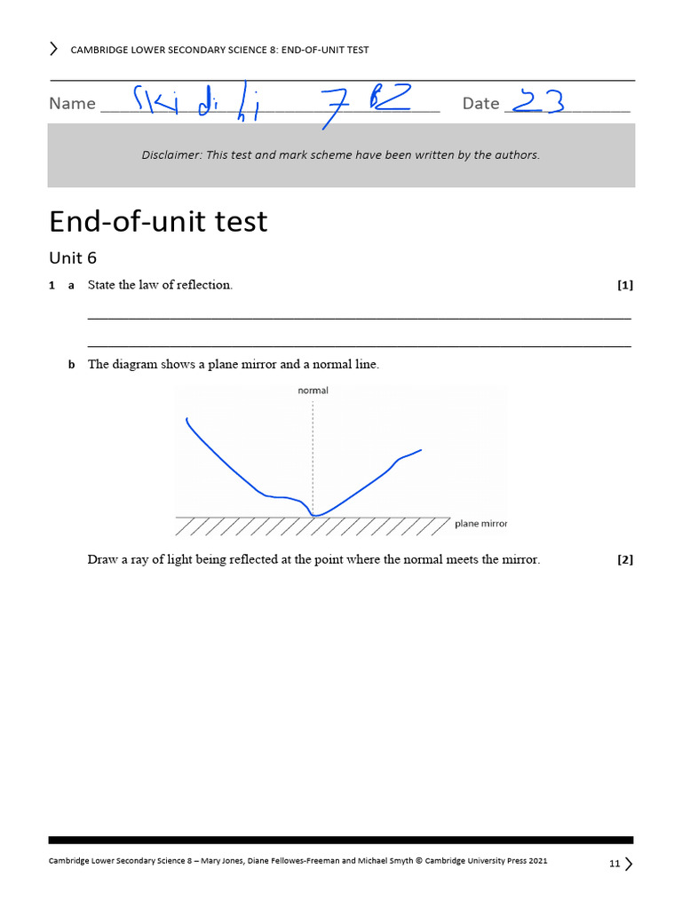 S8 End of Unit 6 Test | PDF | Light | Reflection (Physics)