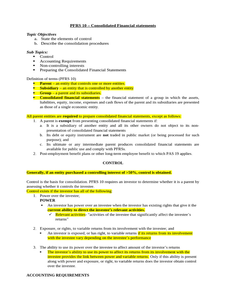 PFRS 10: Consolidated Financial Statements Guide | PDF | Equity ...