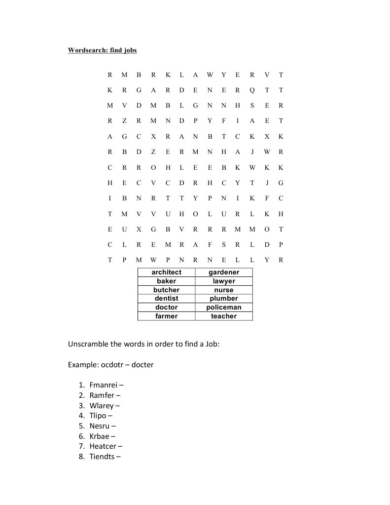 Wordserach Jobs Leisure