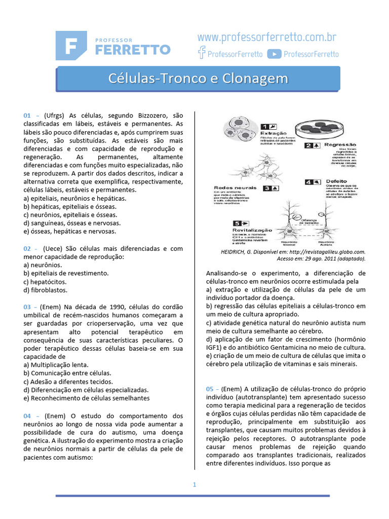 Classificação e Aplicações de Células-Tronco | PDF | Clonagem ...