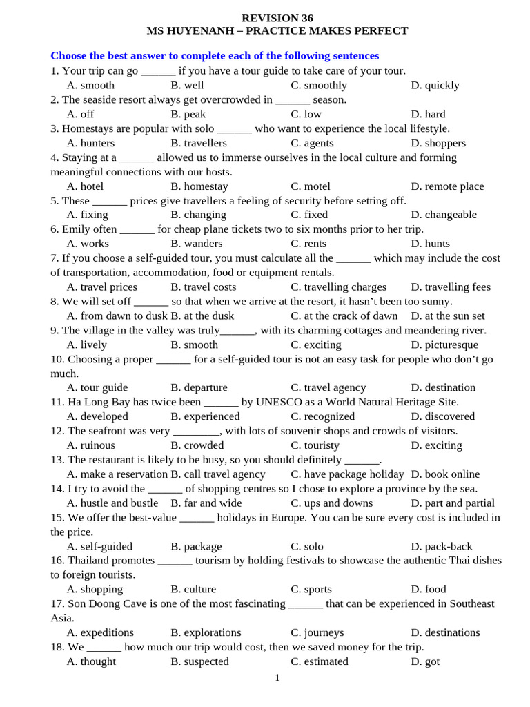 Travel Vocabulary Practice Quiz | PDF | Tourism
