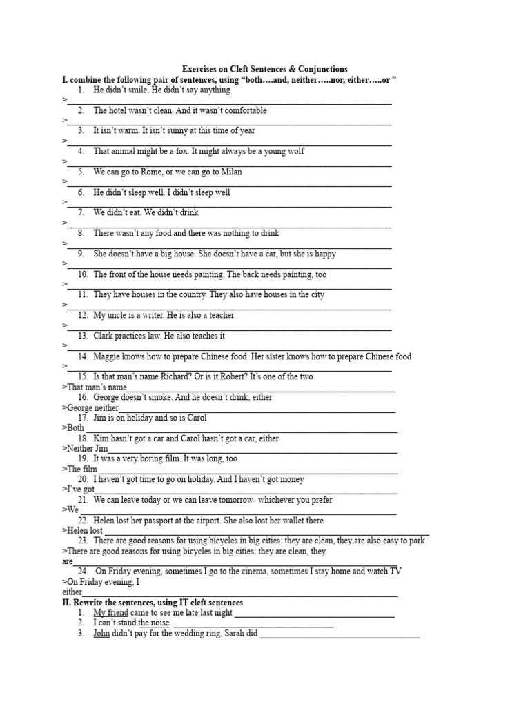 Exercises On Cleft Sentences & Conjunctions | PDF
