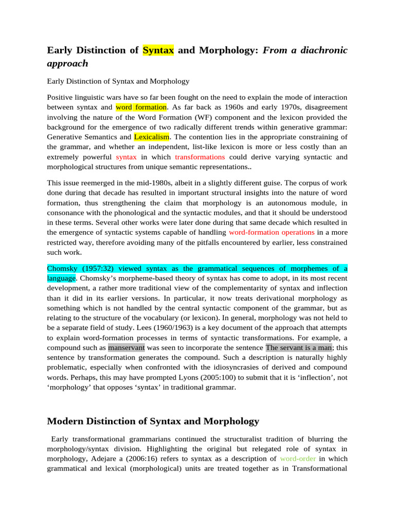 Early Distinction of Syntax and Morphology | PDF | Morphology ...