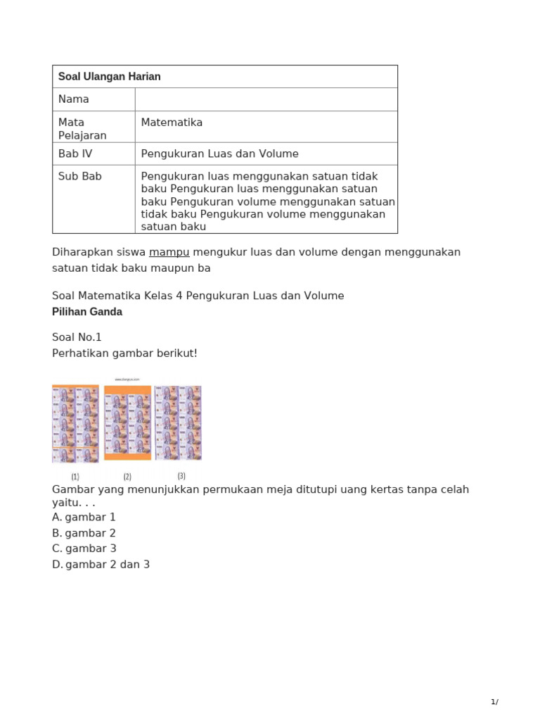 Soal Volume dan Luas Kelas 4 SD | PDF