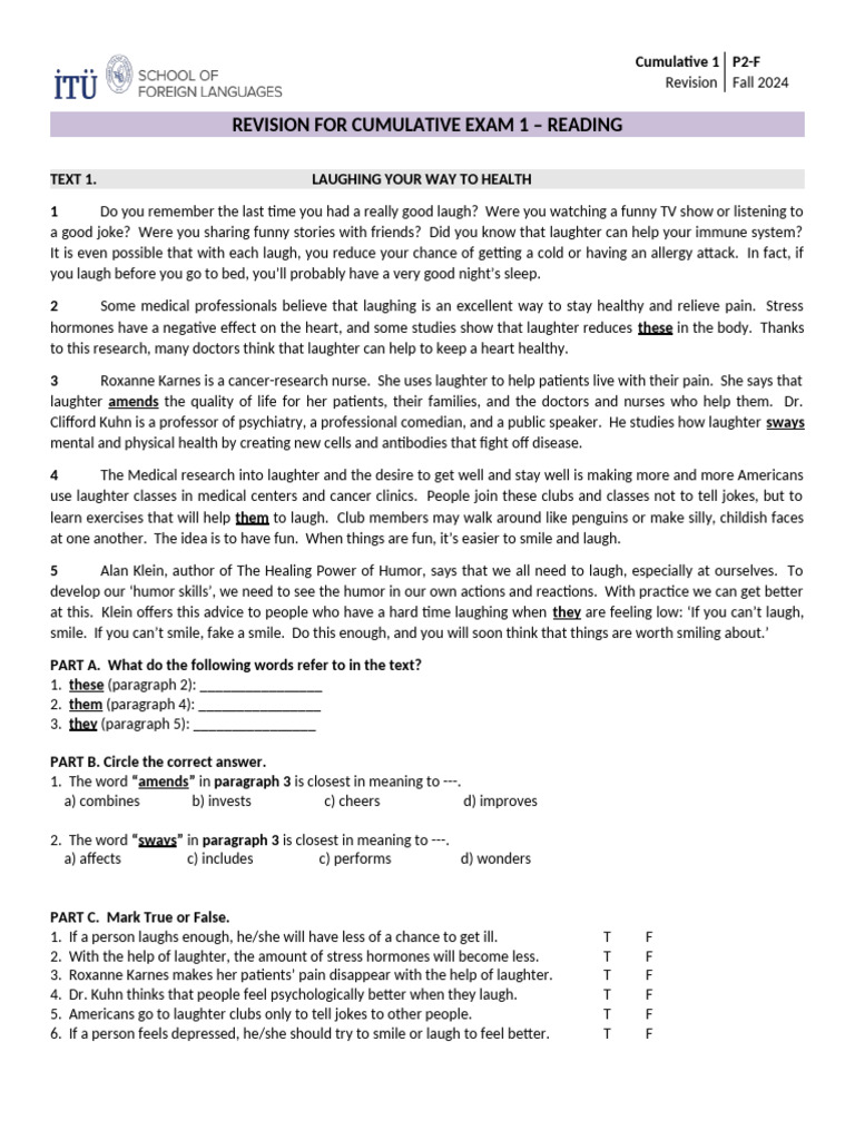 2024 FALL P2-F Cumulative 1 Revision Reading (Easier Texts With Answer ...