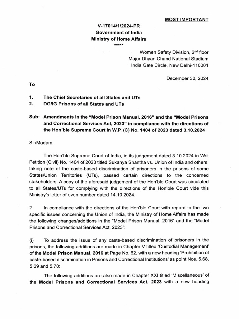 Amendments to Prison Manuals on Caste Discrimination | PDF ...