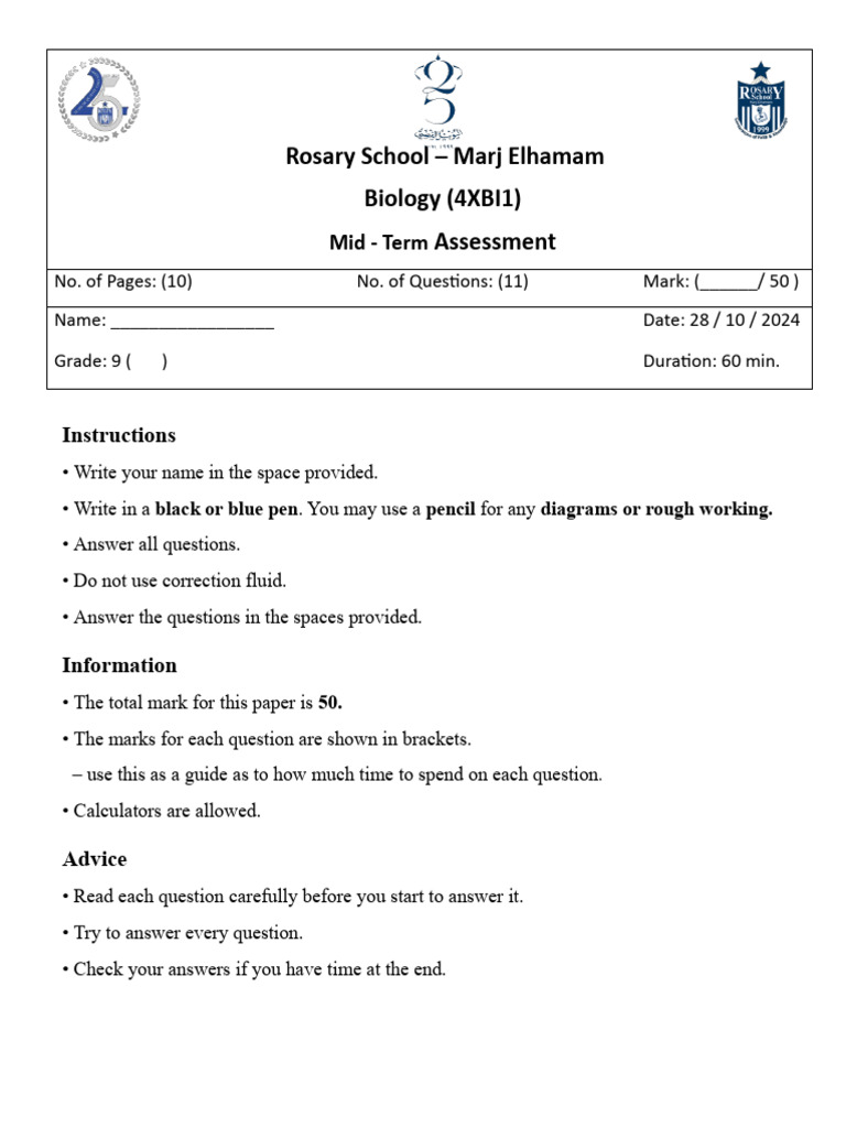 KLLP Biology Mid-Term Assessment | PDF | Catalase | Mitochondrion