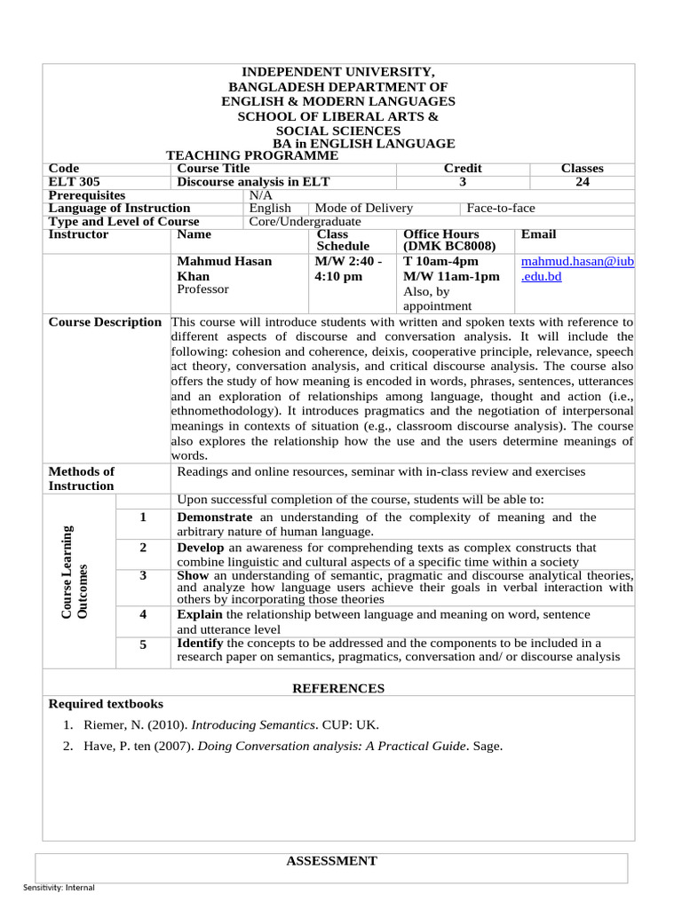 Elt 305 Discourse Analysis In Elt Pdf Semantics Academic Integrity
