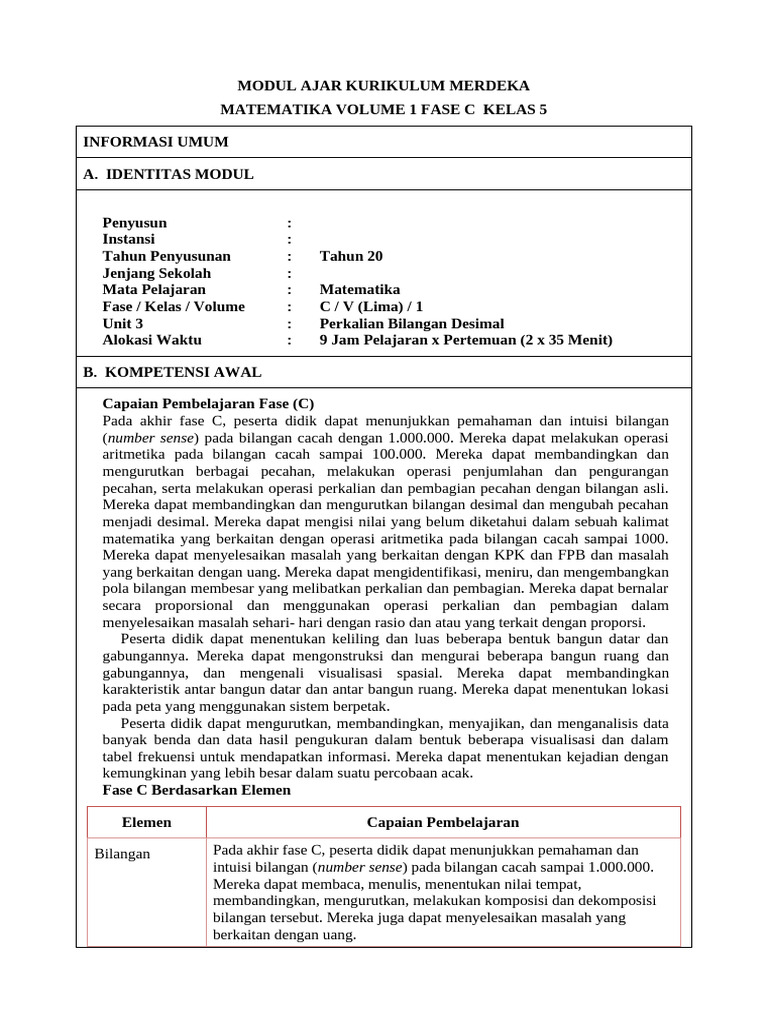 Modul Ajar Matematika Kelas 5 Fase C | PDF