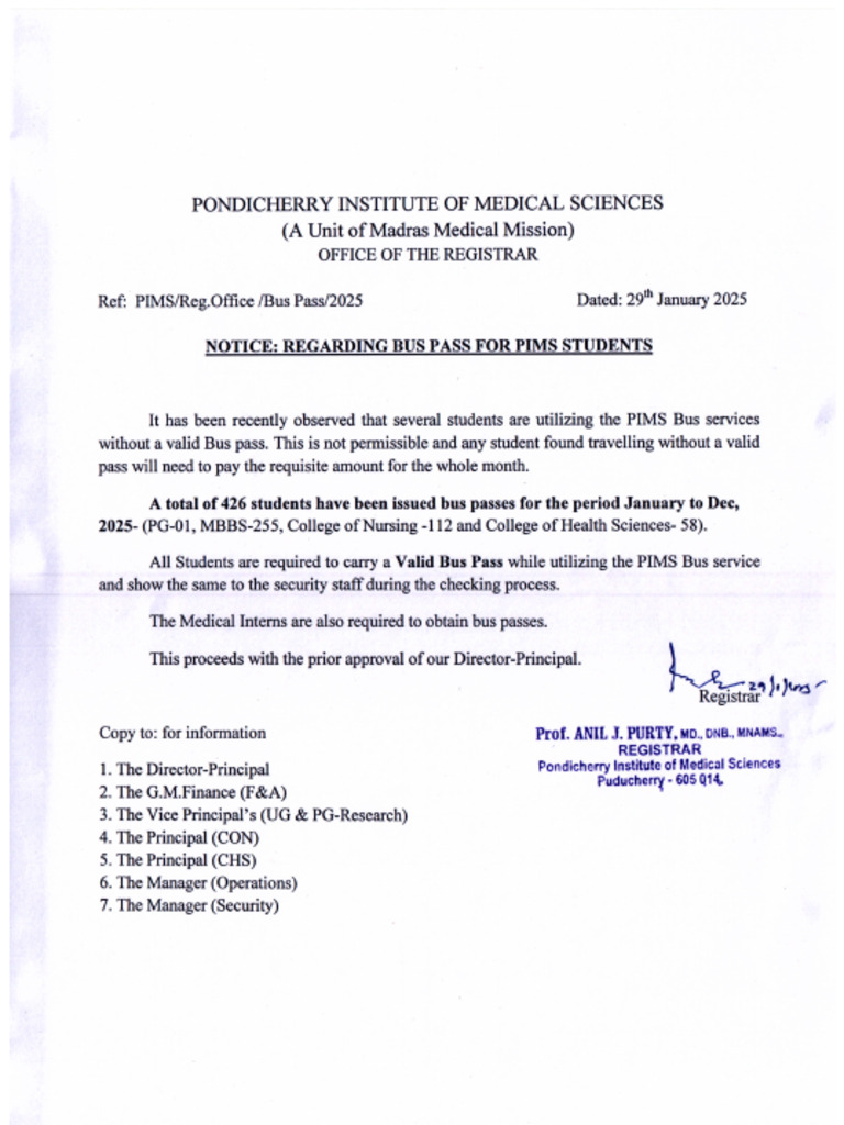 Notice-Reg Bus Pass For PIMS Students | PDF