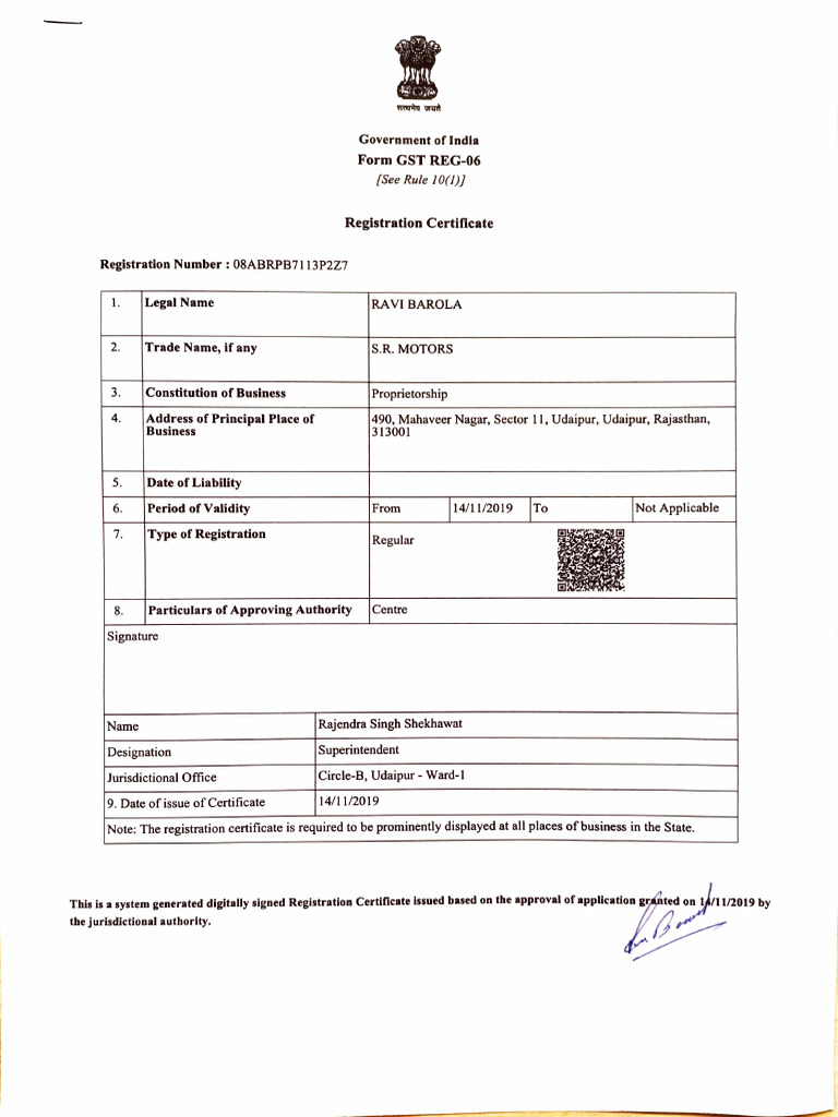GST Registration Certificate for S.R. Motors | PDF