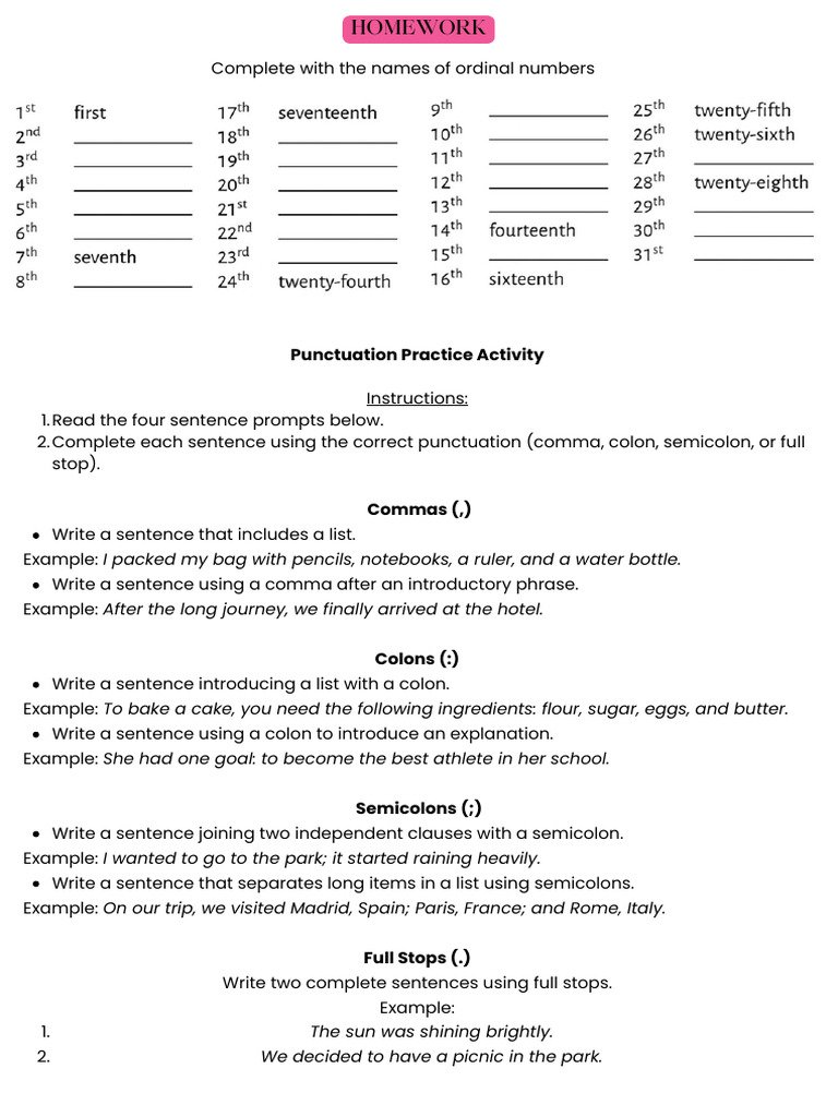 Punctuation Practice Homework Guide | PDF