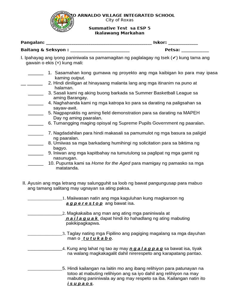Summative in ESP 5 | PDF