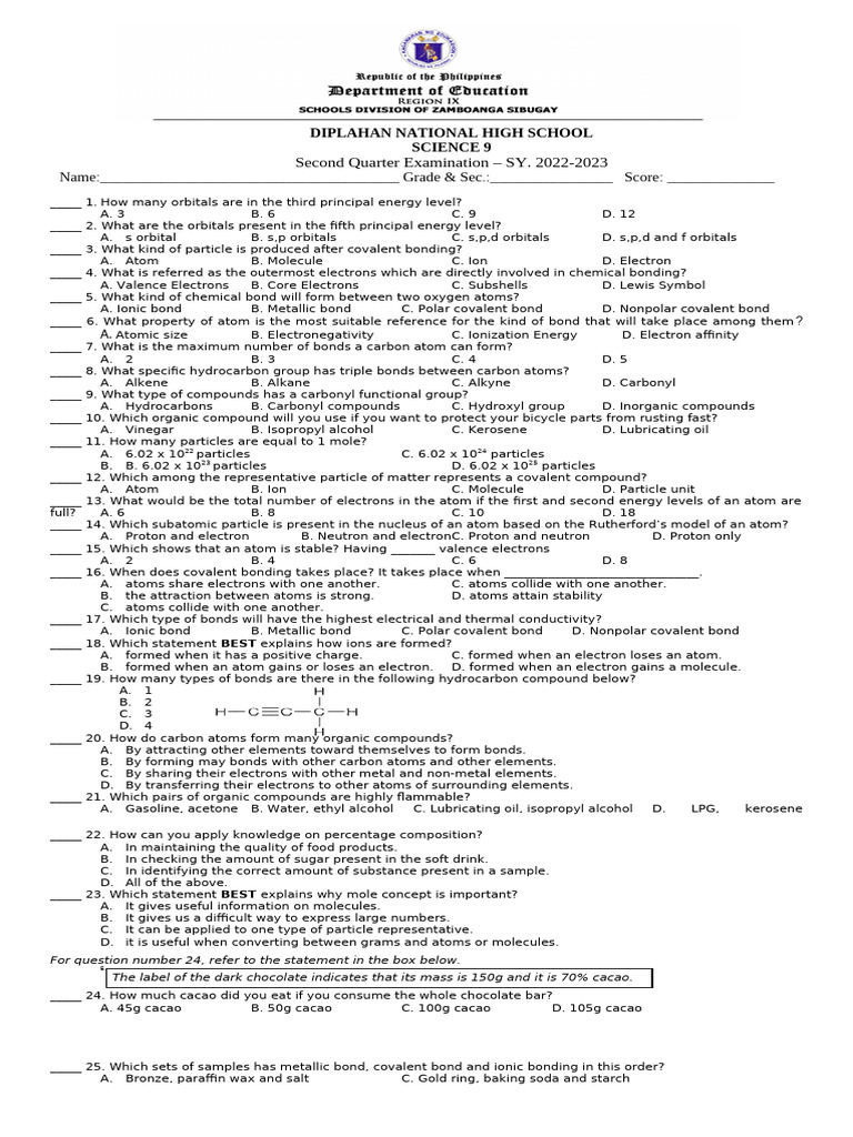 Second quarter exam science 2022 for printing pdf chemical bond