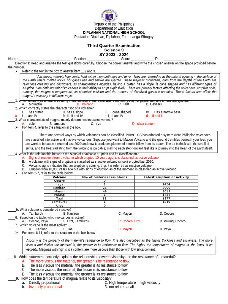 Third Quarter Exam - Science - SOLO - 2023-2024 | PDF | Volcano | Lava