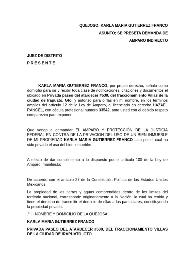 Demanda de Amparo por Despojo Inmobiliario | PDF | Propiedad | Debido ...