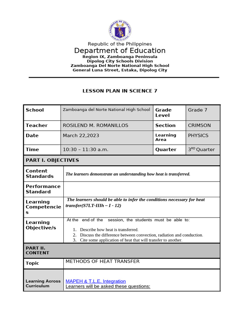 Science 7 Lesson Plan: Heat Transfer | PDF | Heat Transfer | Heat