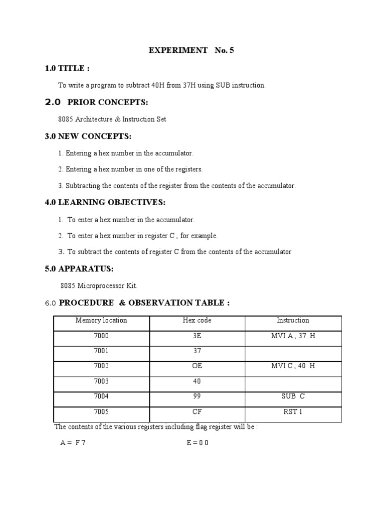 Subtracting Hex Numbers in 8085 | PDF