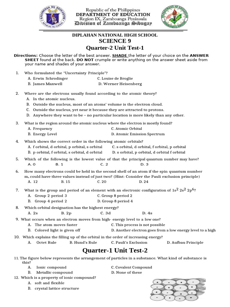 Science 2nd Qtr Summative Test 1 And 2 Pdf Atomic Orbital