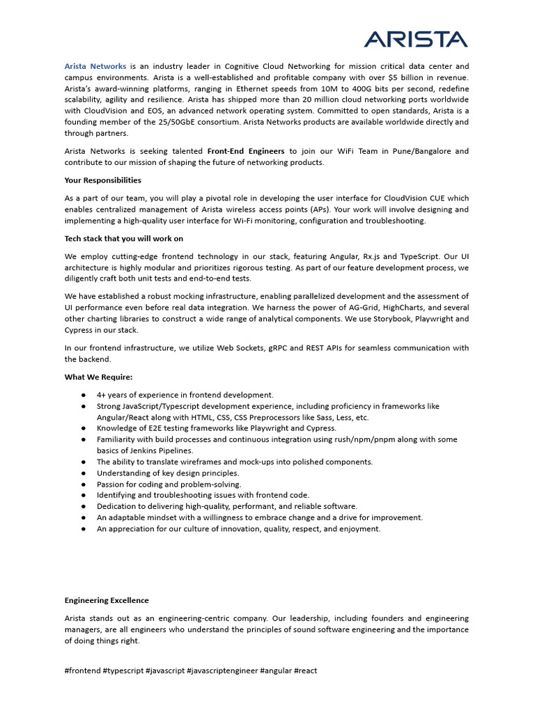 Front-End Engineer Role at Arista Networks | PDF | Wi Fi | Computer Network