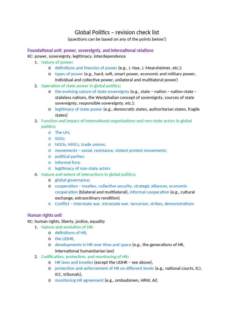 Global Politics Revision Checklist | PDF | Conflict Resolution | Human ...
