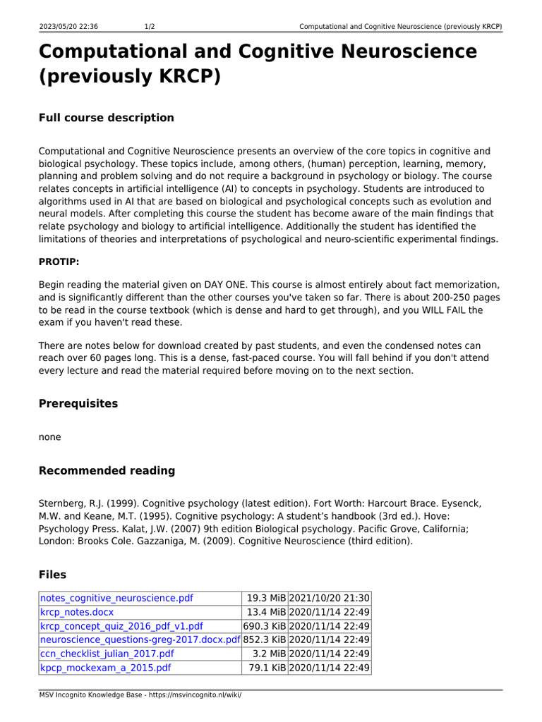 Computational and Cognitive Neuroscience Previously KRCP | PDF ...