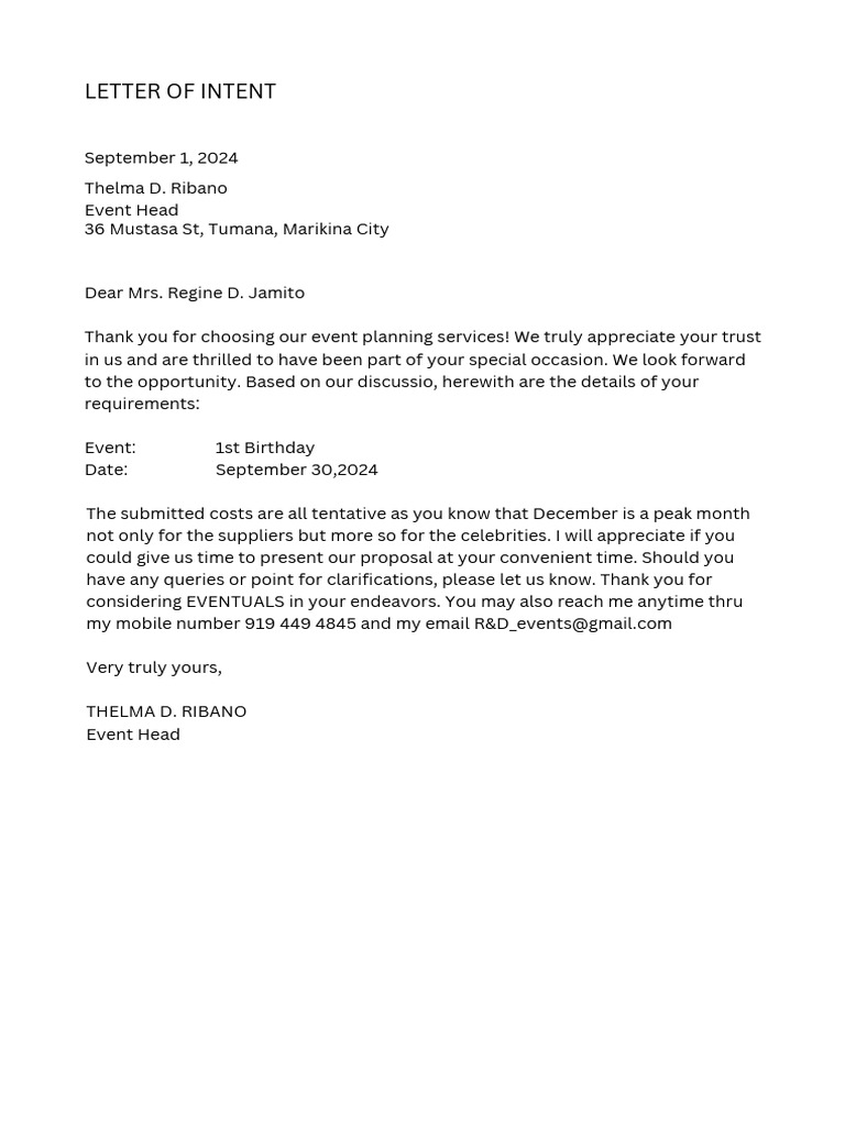Event Planning Letter of Intent | PDF