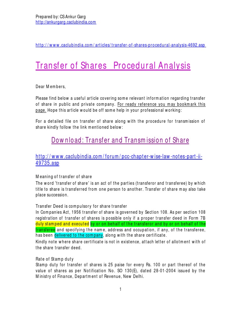 Transfer and Transmission of Shares Privately Held Company Deed