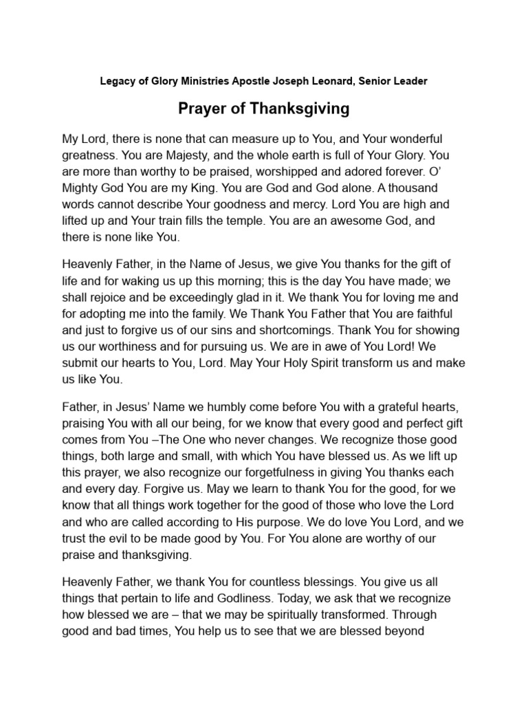Prayer of Thanksgiving and Gratitude | PDF | God The Father | Glory ...