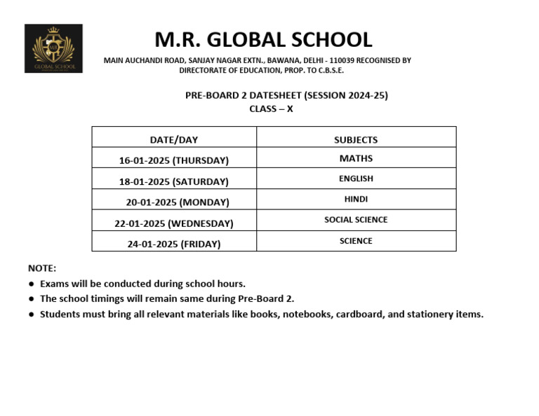 Class X Pre-Board 2 Datesheet 2024-25 | PDF