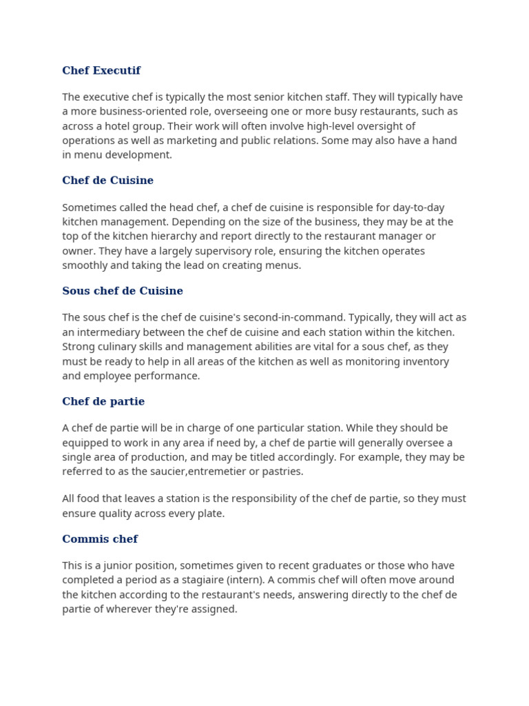 Roles in Kitchen Hierarchy Explained | PDF