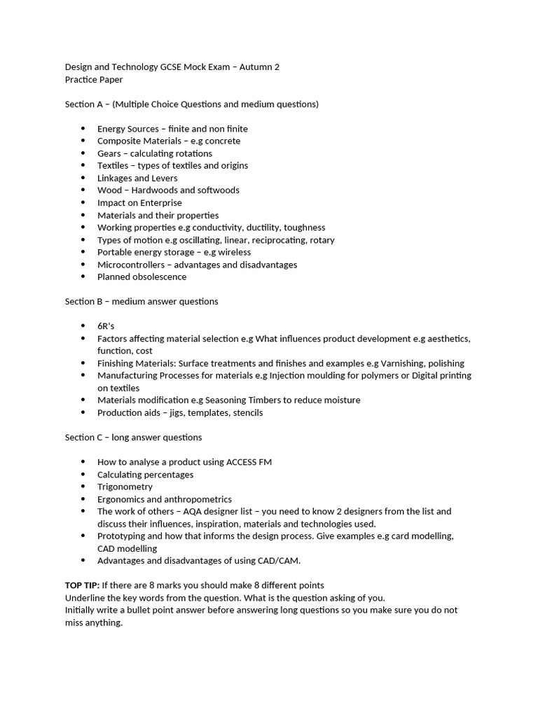 DT GCSE Mock Exam Practice Paper | PDF