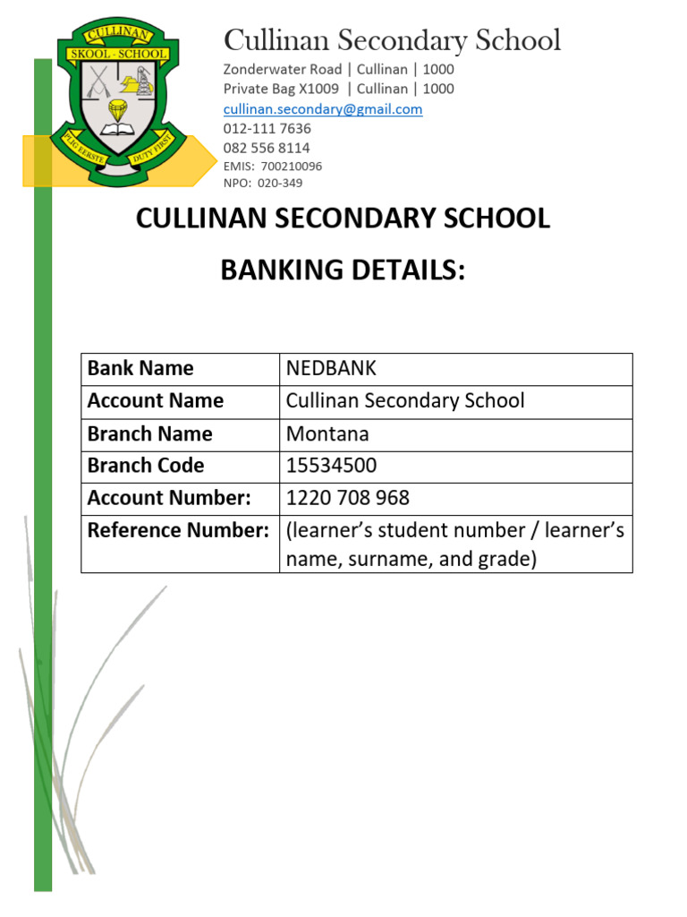 Cullinan Secondary School Banking Info | PDF
